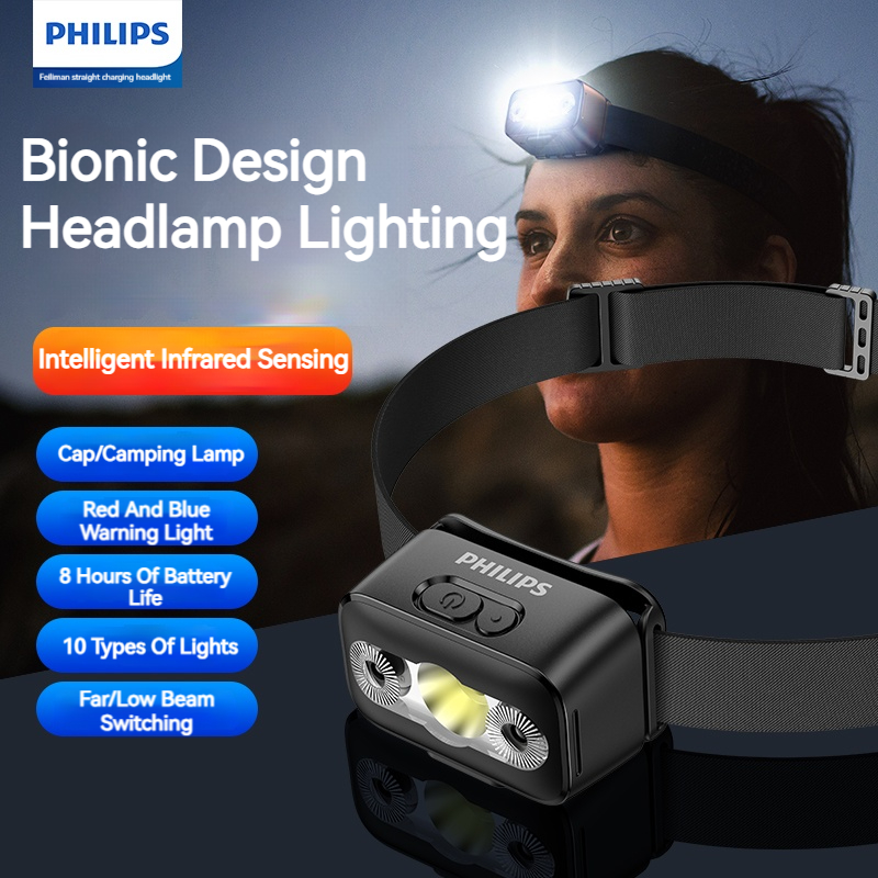 Outdoor Lighting Philips - ฟิลิปส์ LED ไฟหน้าเซนเซอร์ไฟฉายหัวสิบประเภทประเภท-C ไฟหน้าแบบชาร์จไฟได้กลางแจ้งแคมป์ปิ้งโคมไฟตกปลา