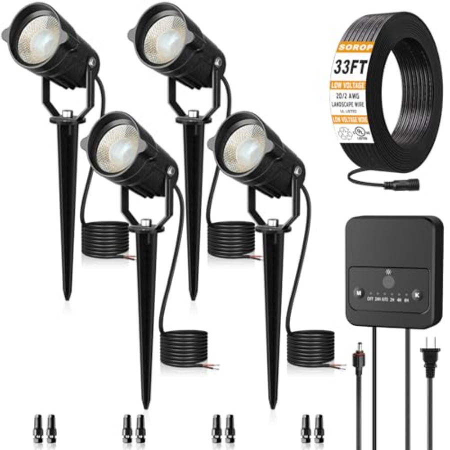 Outdoor Lighting Kits Low Voltage - ชุดไฟตกแต่งภูมิทัศน์ ไฟแรงดันต่ำ พร้อมหม้อแปลงไฟฟ้าแบบเปิด-ปิดอัตโนมัติ สายไฟยาว 33 ฟุต