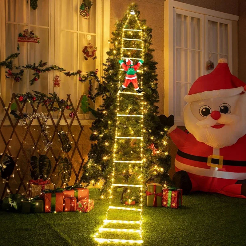 Outdoor Lighting And Decor - ไฟคริสต์มาส LED สายไฟตกแต่งบันไดพร้อมซานตาคลอส สำหรับตกแต่งภายในและภายนอก หน้าต่าง สวน
