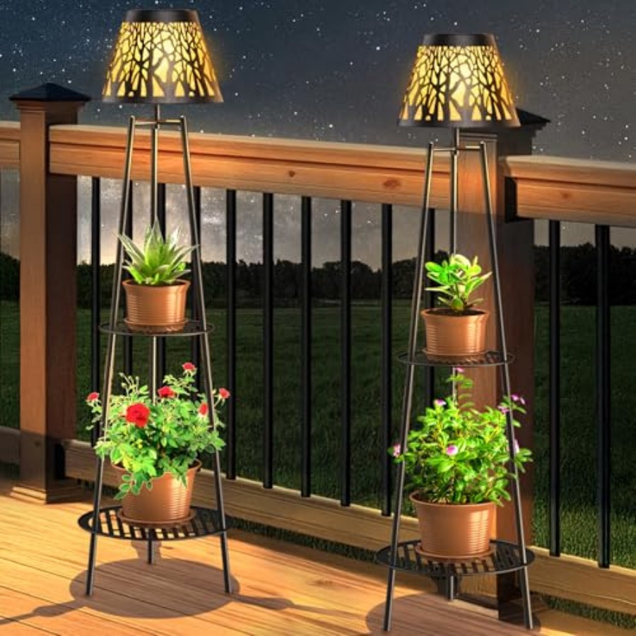 Outdoor Lighting And Decor - โคมไฟตั้งพื้นพลังงานแสงอาทิตย์สำหรับกลางแจ้ง 2 ชิ้น พร้อมขาตั้งต้นไม้ ไฟสวนโลหะกันน้ำ พร้อมชั้นวาง
