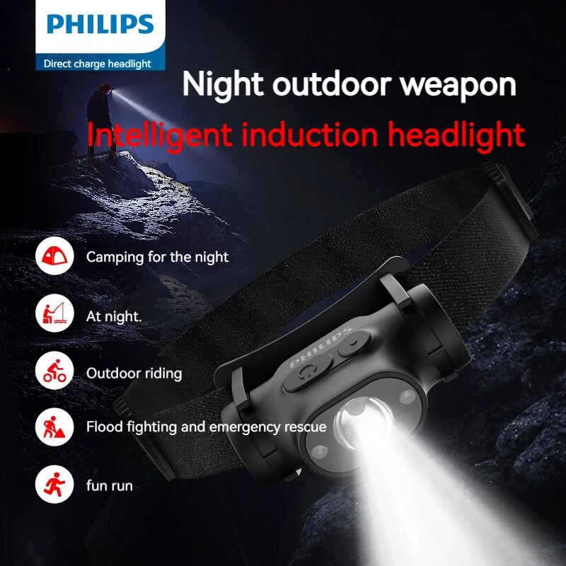 Outdoor Lighting Philips - Philips LED ไฟหน้าเซนเซอร์ไฟฉายแสง Type-C ไฟหน้าแบบชาร์จไฟได้กลางแจ้ง Camping