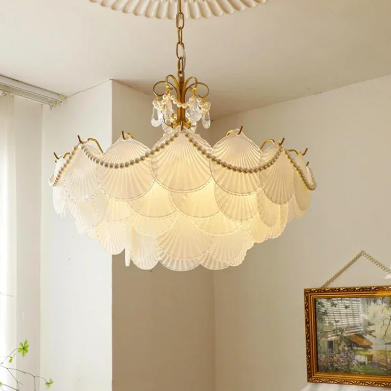 Outdoor Lighting Pendant - โมเดิร์นไฟ LED โคมไฟ Art ภาษาฝรั่งเศสคําเชลล์แก้วจี้โคมไฟโคมระย้าทองแดงสําหรับตกแต่งบ้านห้องนั่งเล่นห้องนอน